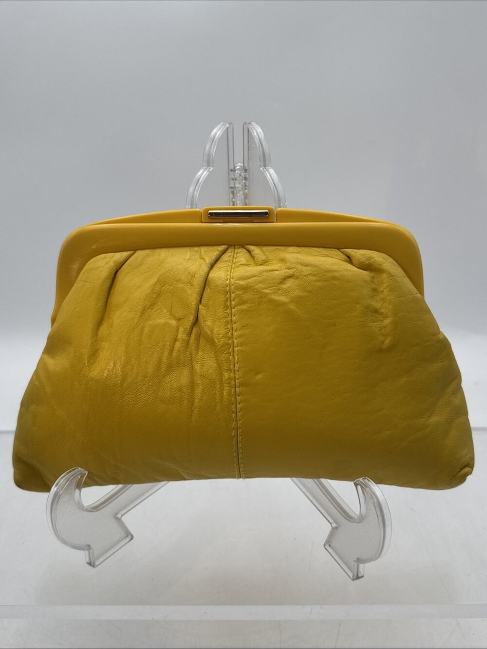 Vintage Yellow Leather Hand Bag Clutch Hong Kong Made Acrylic Kiss Lock Party
